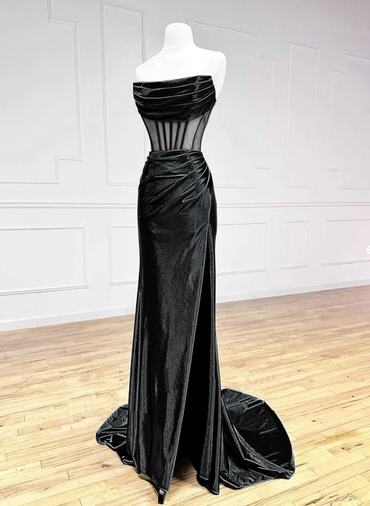 Lovely Mermaid Black Strapless Velvet Long Prom Dress B652