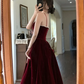 Simple A line Straps Pearls Burgundy Long Velvet Prom Dress B739