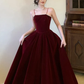 Simple A line Straps Pearls Burgundy Long Velvet Prom Dress B739