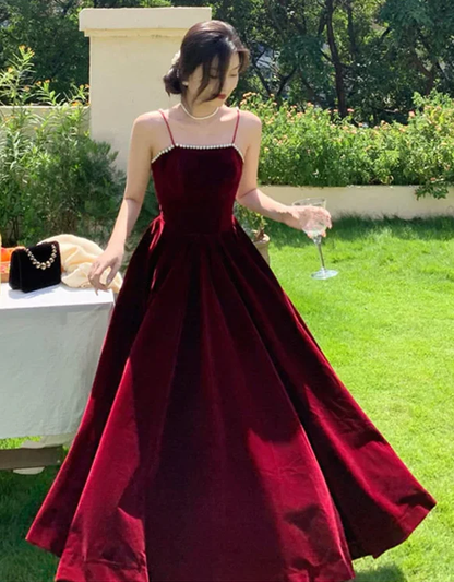 Simple A line Straps Pearls Burgundy Long Velvet Prom Dress B739