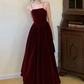 Simple A line Straps Pearls Burgundy Long Velvet Prom Dress B739