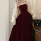 Simple A line Straps Pearls Burgundy Long Velvet Prom Dress B739