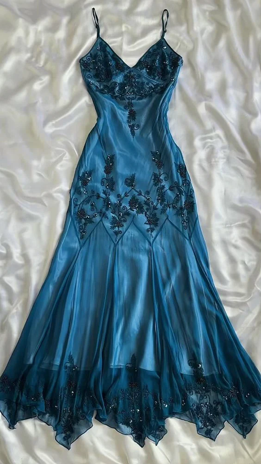 Robe de bal sirène brillante, bretelles Spaghetti, perles bleues, B750