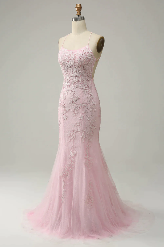 Modest Mermaid Spaghetti Straps Lace Pink Long Prom Dresses B756