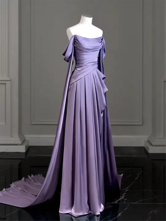 Charming A Line Off The Shoulder Short Sleeves Long Lilac Prom Dresses B760
