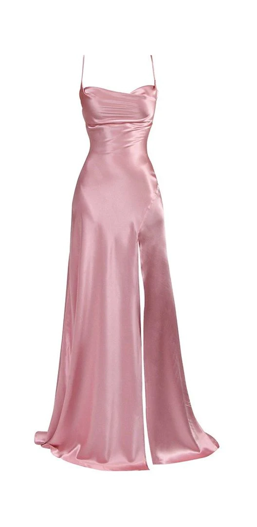 Simple A line Spaghetti Straps Pink Long Prom Dresses B765