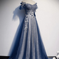 Simple A line Off The Shoulder Sequin Blue Long Prom Dresses B800