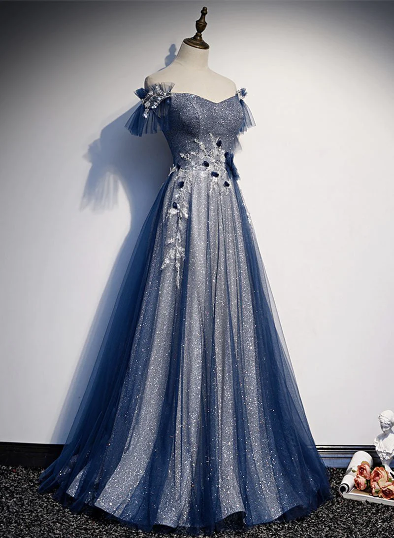 Simple A line Off The Shoulder Sequin Blue Long Prom Dresses B800