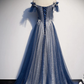 Simple A line Off The Shoulder Sequin Blue Long Prom Dresses B800