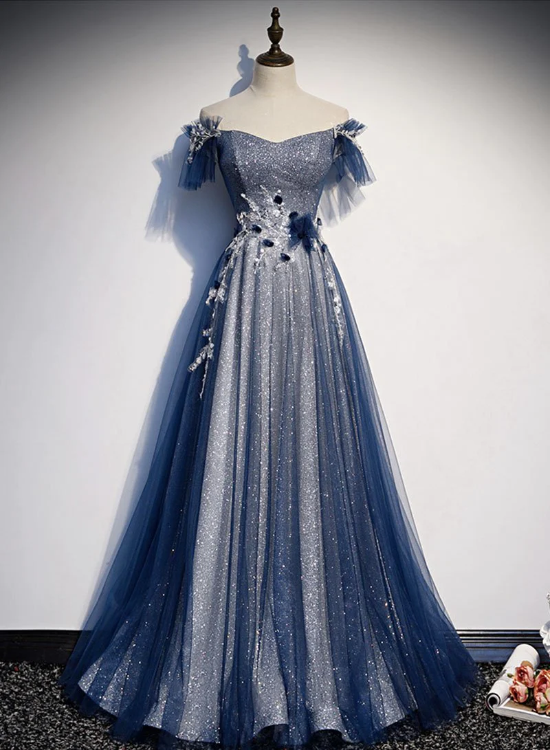 Simple A line Off The Shoulder Sequin Blue Long Prom Dresses B800