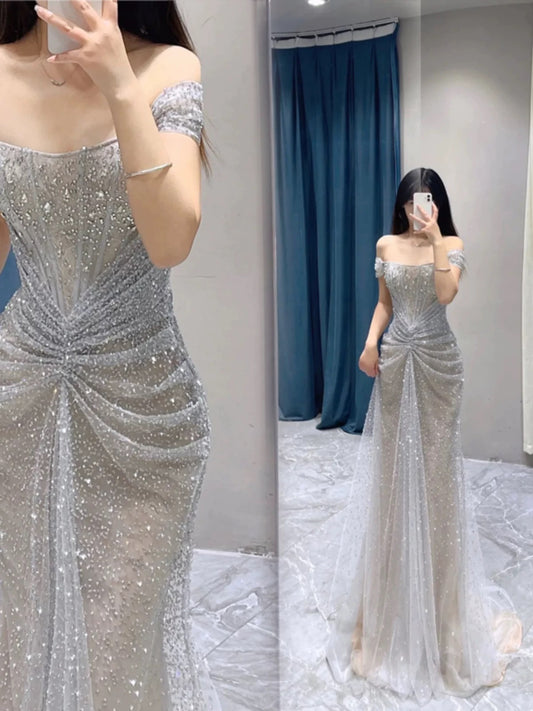 Pretty Mermaid Off The Shoulder Sequin Long Evening Dress Prom Dresses With Beads C3449