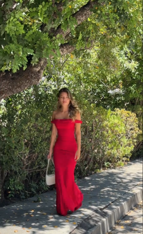 Vintage Sheath Off The Shoulder Red Satin Evening Dress Prom Dresses Birthday Outfits BD2520
