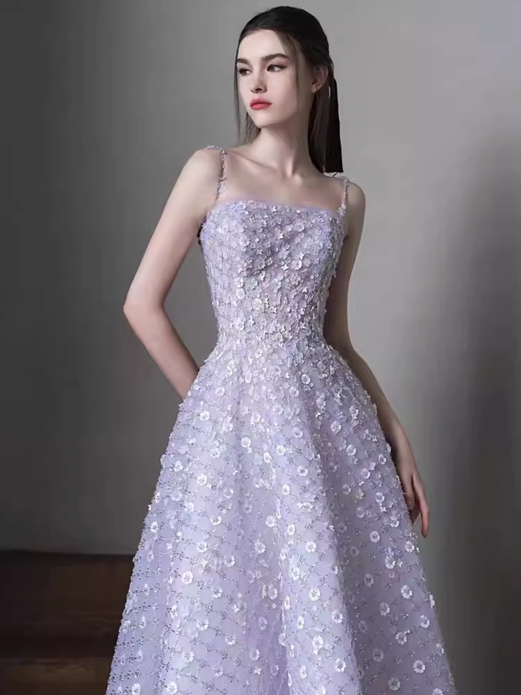 Sexy A Line Sleeveless Lilac Floral Long Prom Dress C01