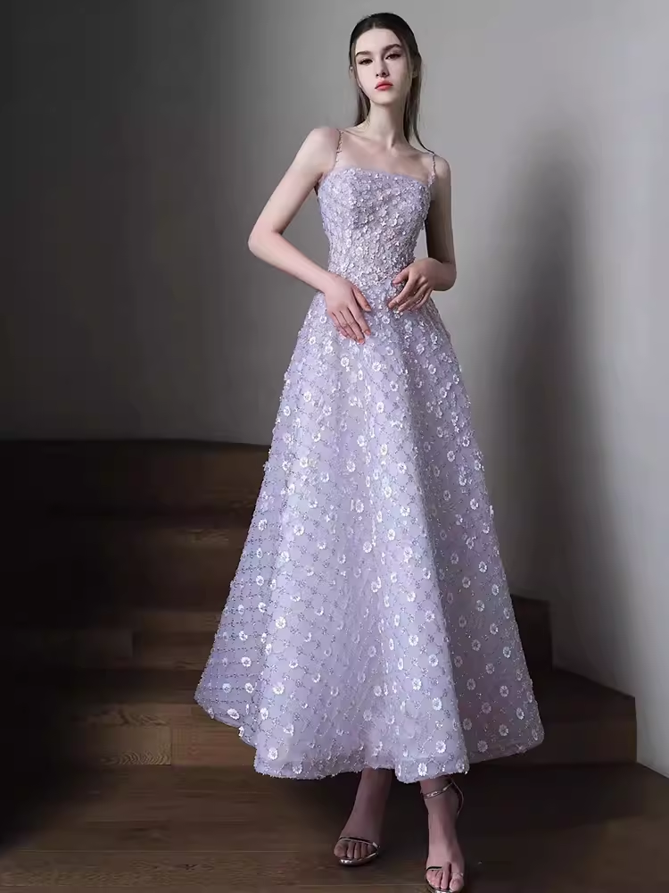 Sexy A Line Sleeveless Lilac Floral Long Prom Dress C01