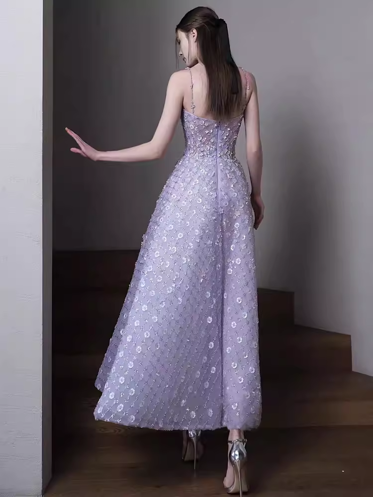 Sexy A Line Sleeveless Lilac Floral Long Prom Dress C01