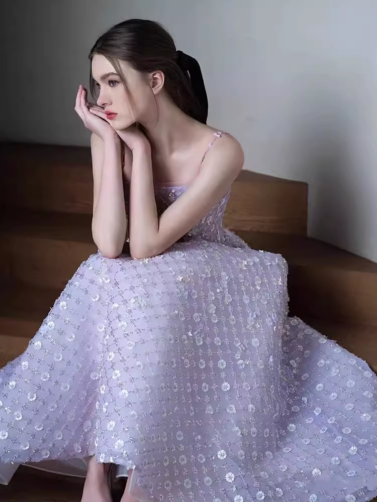 Sexy A Line Sleeveless Lilac Floral Long Prom Dress C01