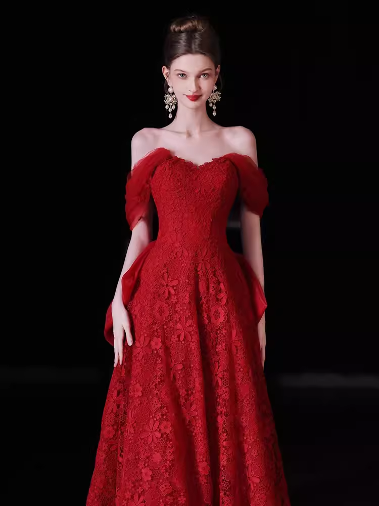 Robe de bal longue en dentelle rouge, ligne A, sexy, chérie, C05