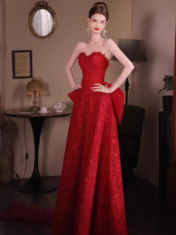 Robe de bal longue en dentelle rouge, ligne A, sexy, chérie, C05