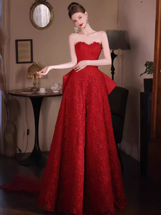 Robe de bal longue en dentelle rouge, ligne A, sexy, chérie, C05