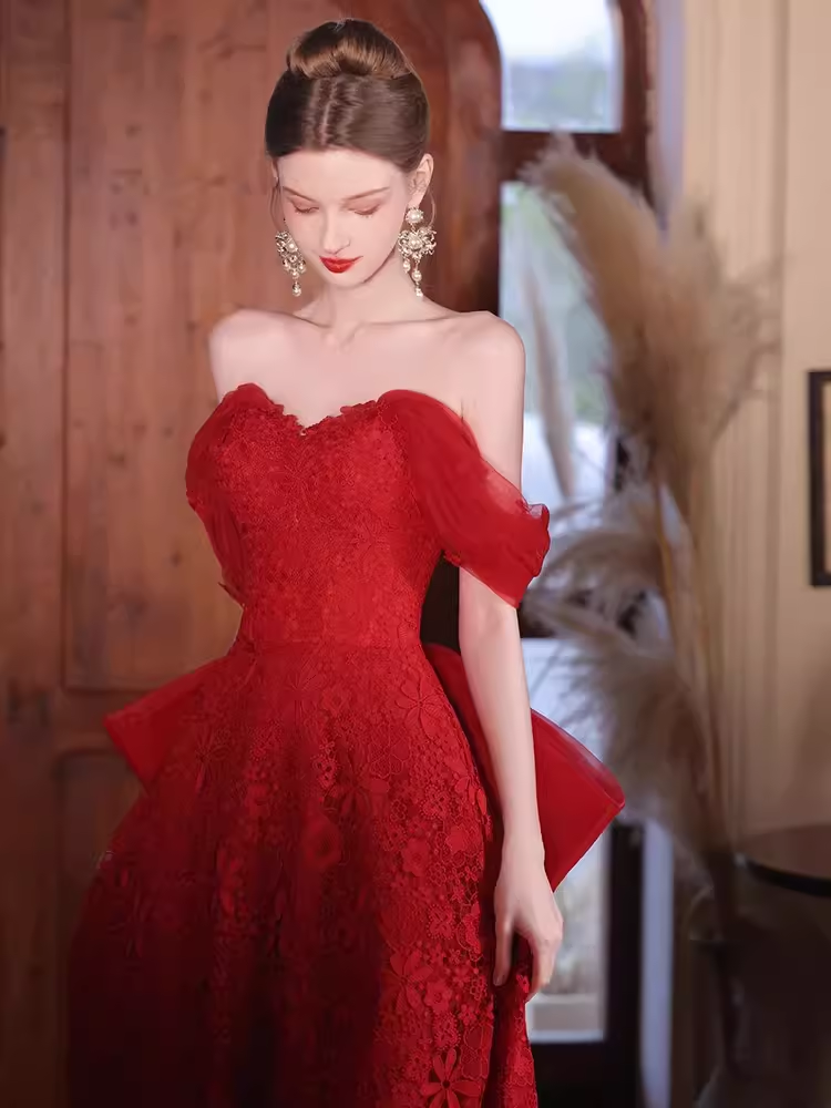 Robe de bal longue en dentelle rouge, ligne A, sexy, chérie, C05
