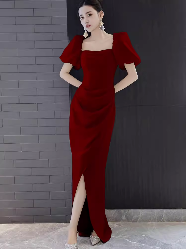 Sexy une ligne encolure carrée fente rouge longues robes de bal C06