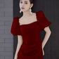 Sexy une ligne encolure carrée fente rouge longues robes de bal C06