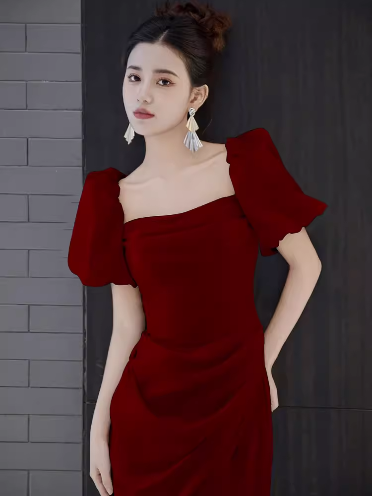 Sexy une ligne encolure carrée fente rouge longues robes de bal C06