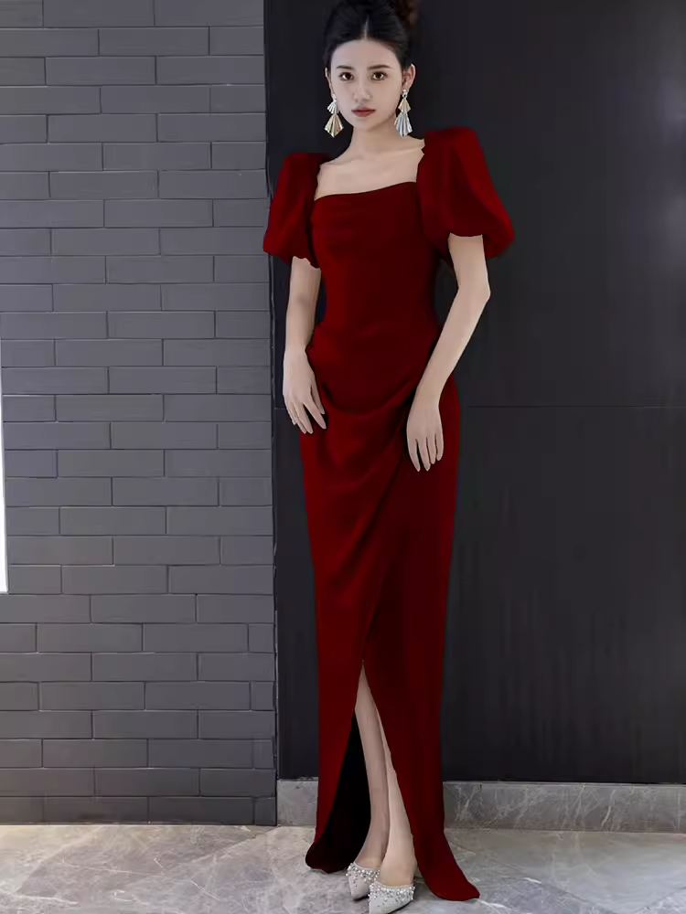 Sexy une ligne encolure carrée fente rouge longues robes de bal C06
