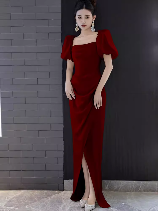 Sexy une ligne encolure carrée fente rouge longues robes de bal C06