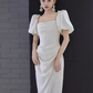 Sexy Une Ligne Encolure Carrée Fente Blanche Longue Robes De Bal C07