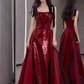 Robe de bal longue à paillettes bordeaux, ligne A simple, C100