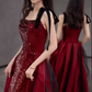 Robe de bal longue à paillettes bordeaux, ligne A simple, C100