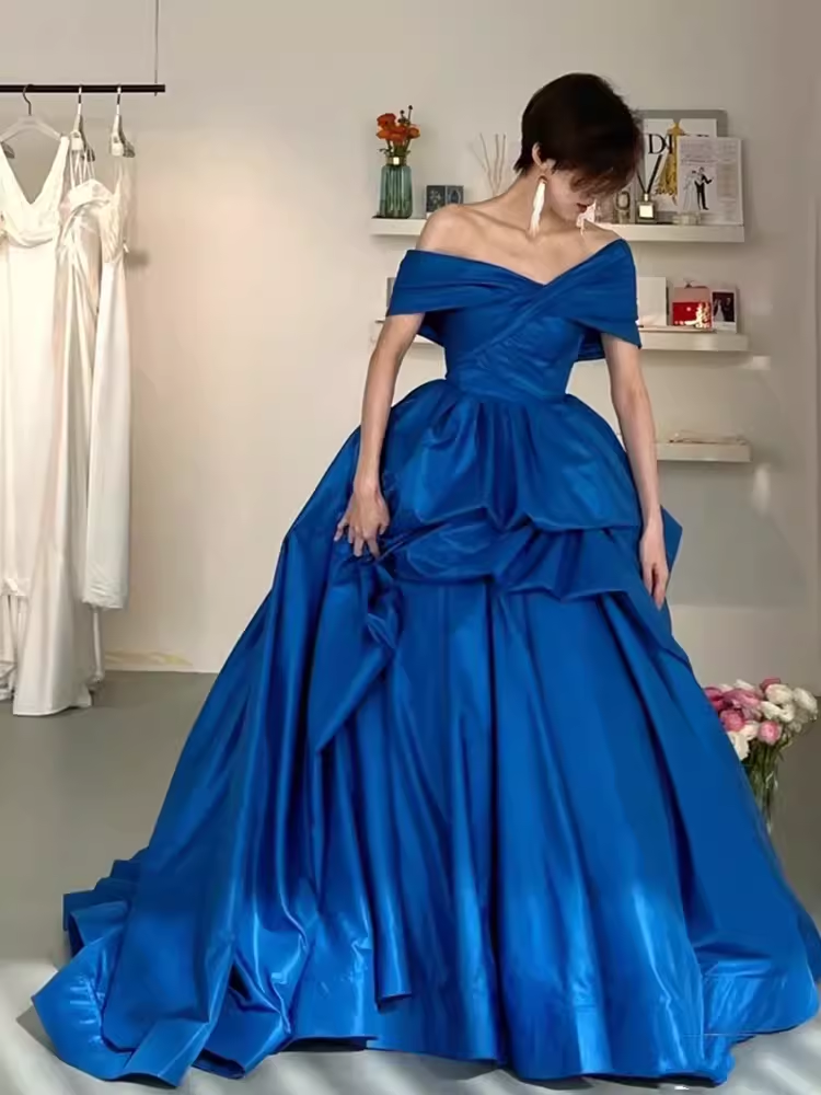 Simple Ball Gown Royal Blue Satin Long Prom Dresses C101 – BlingDress