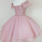 Pink Lace Homecoming Gown with Beading, Princess Off the Shoulder Hoco Dress C1032