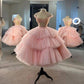 Ball Gown Puffy Straps Tiered Pink Tea Length Homecoming Dress C1034