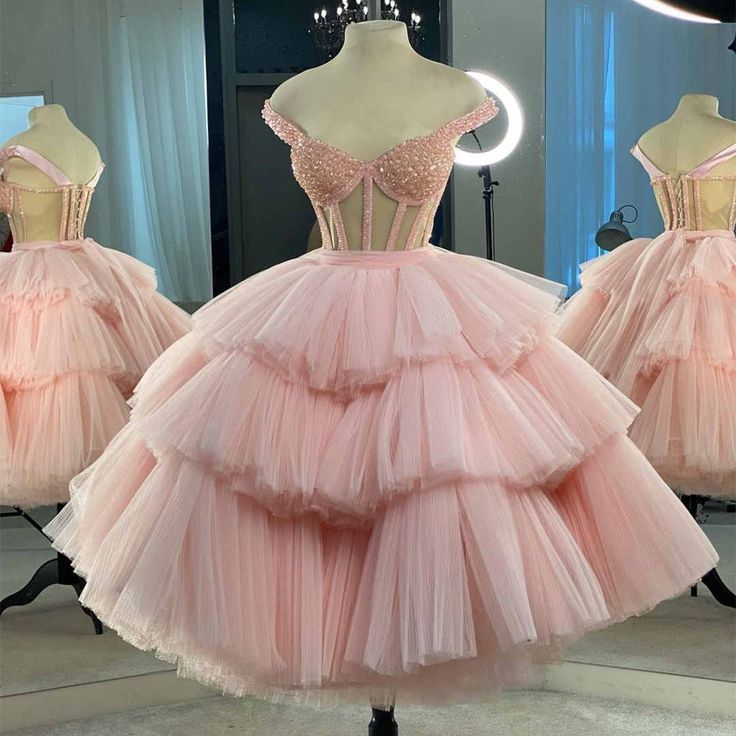 Ball Gown Puffy Straps Tiered Pink Tea Length Homecoming Dress C1034