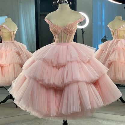 Ball Gown Puffy Straps Tiered Pink Tea Length Homecoming Dress C1034