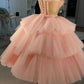 Ball Gown Puffy Straps Tiered Pink Tea Length Homecoming Dress C1034