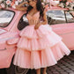 Ball Gown Puffy Straps Tiered Pink Tea Length Homecoming Dress C1034