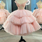 Ball Gown Puffy Straps Tiered Pink Tea Length Homecoming Dress C1034
