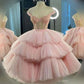 Ball Gown Puffy Straps Tiered Pink Tea Length Homecoming Dress C1034