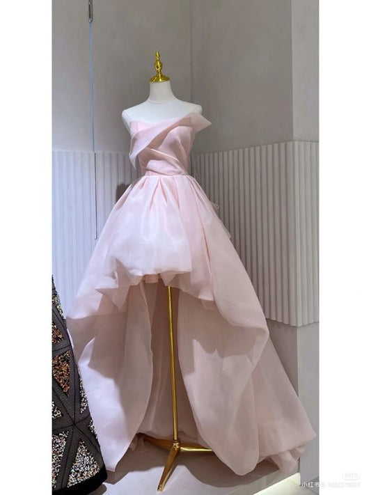 Simple High Low Sweetheart Sleeveless Organza Pink Prom Dresses C1045