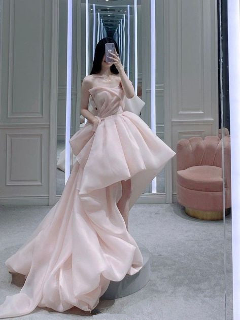 Simple High Low Sweetheart Sleeveless Organza Pink Prom Dress C1046