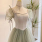A line Short Sleeves Green Satin Tulle Long Prom Dress C1056