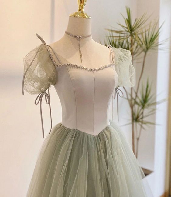 A line Short Sleeves Green Satin Tulle Long Prom Dress C1056