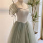 A line Short Sleeves Green Satin Tulle Long Prom Dress C1056
