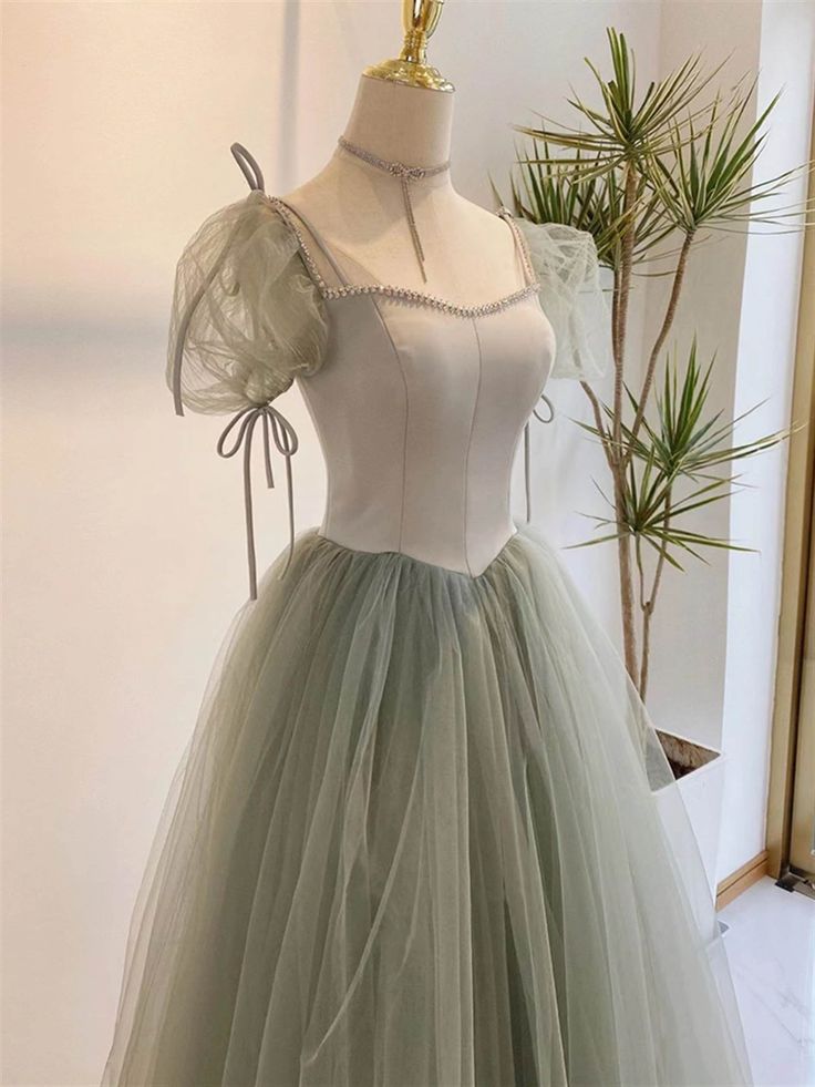 A line Short Sleeves Green Satin Tulle Long Prom Dress C1056
