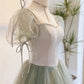 A line Short Sleeves Green Satin Tulle Long Prom Dress C1056