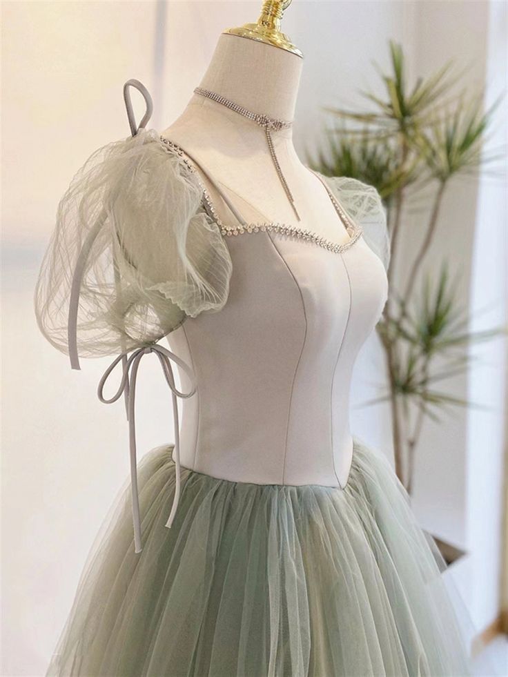 A line Short Sleeves Green Satin Tulle Long Prom Dress C1056