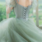 A line Short Sleeves Green Satin Tulle Long Prom Dress C1056